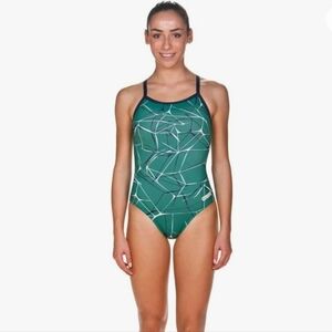 Arena Water light drop back green navy one piece swim wear USA 26 girls 12-13YRs